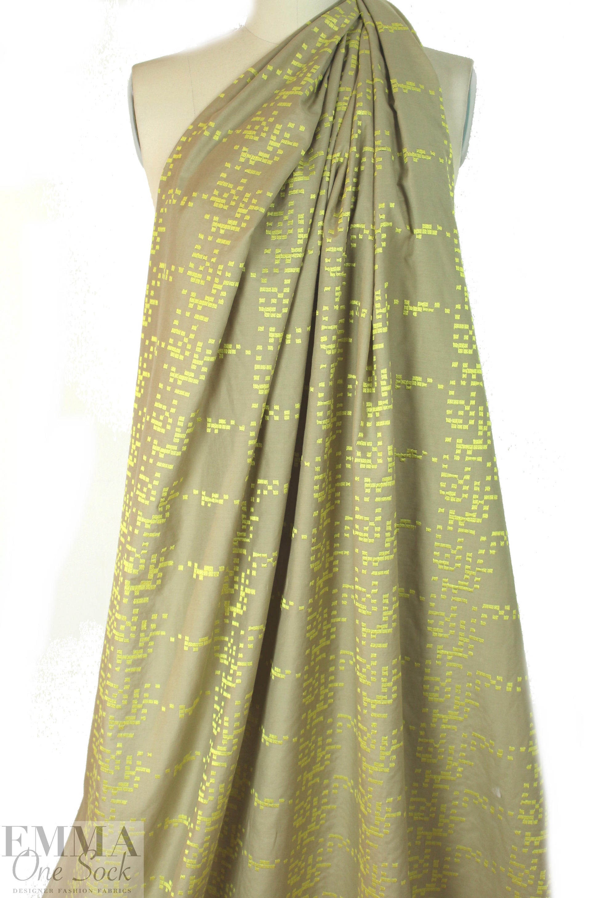NY designer embroidered voile - khaki/lemon squares 1.66 yd