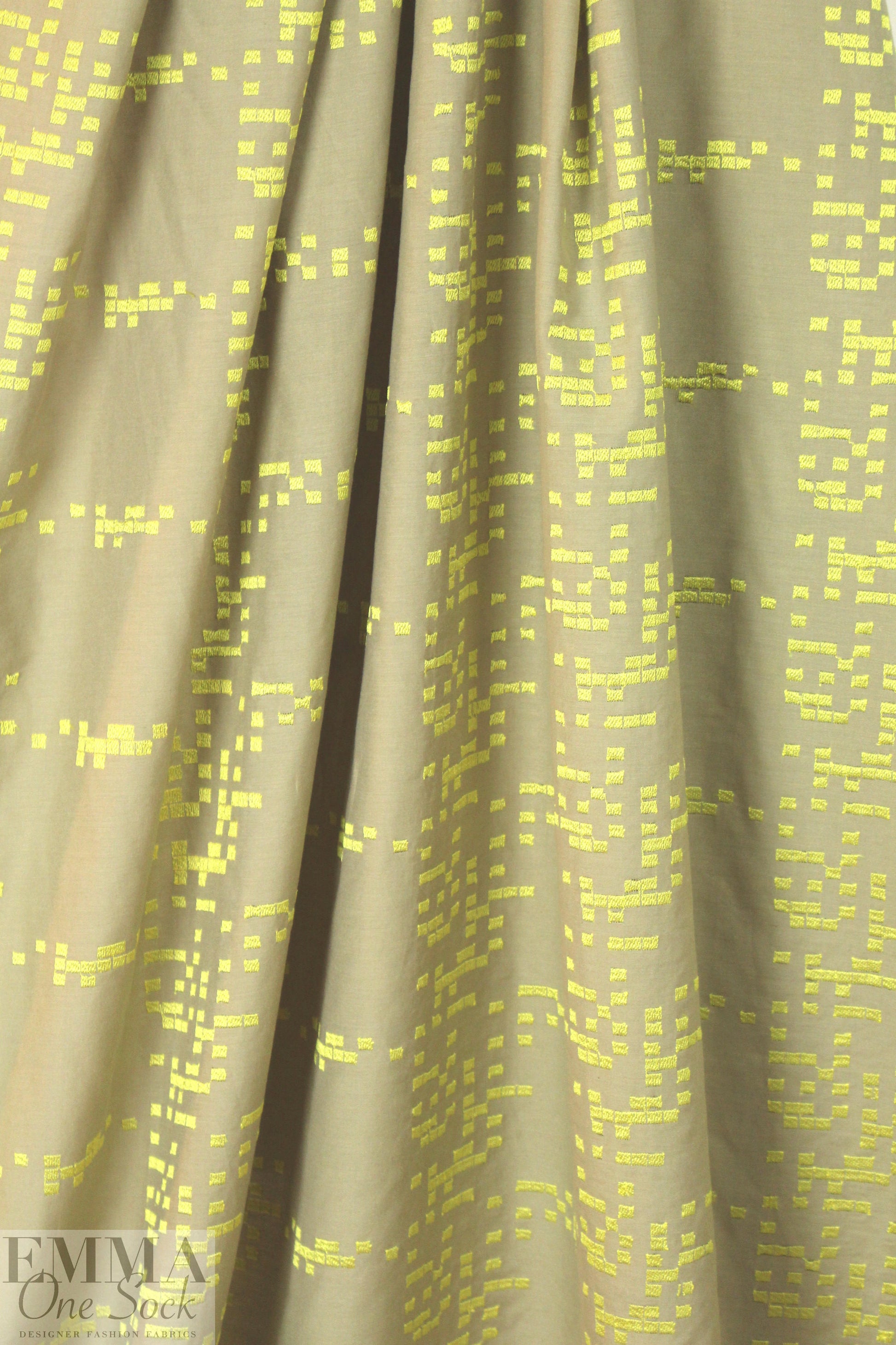 NY designer embroidered voile - khaki/lemon squares .875 yds