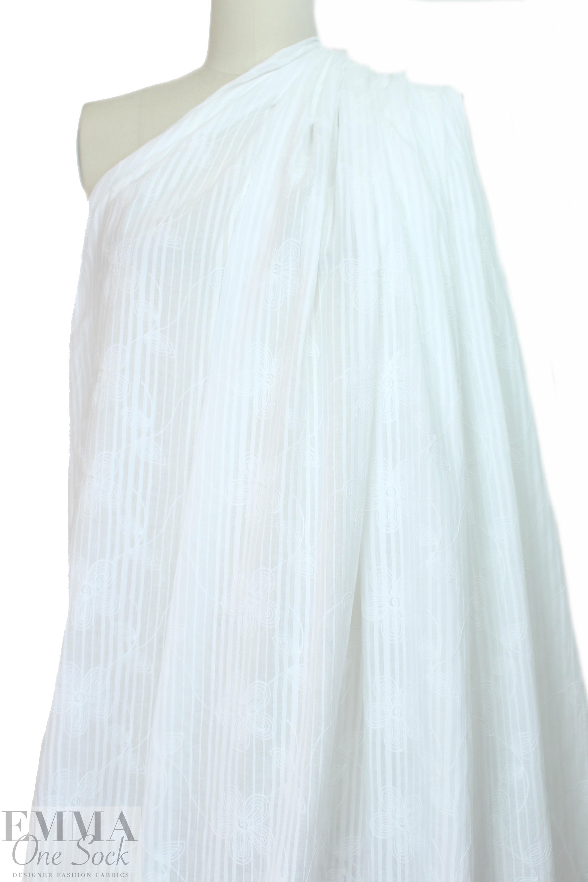 embroidered cotton striped damask - white