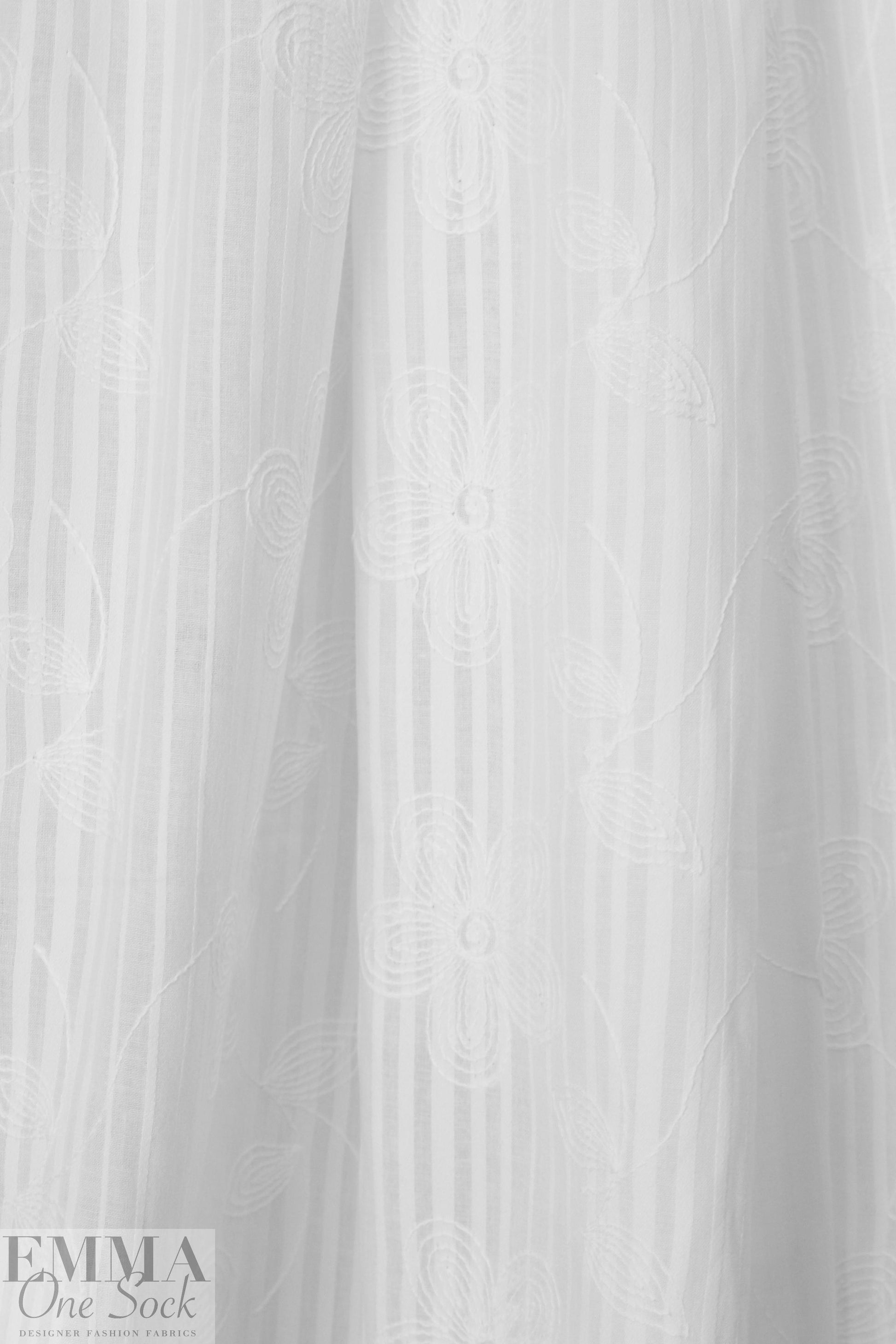 embroidered cotton striped damask - white