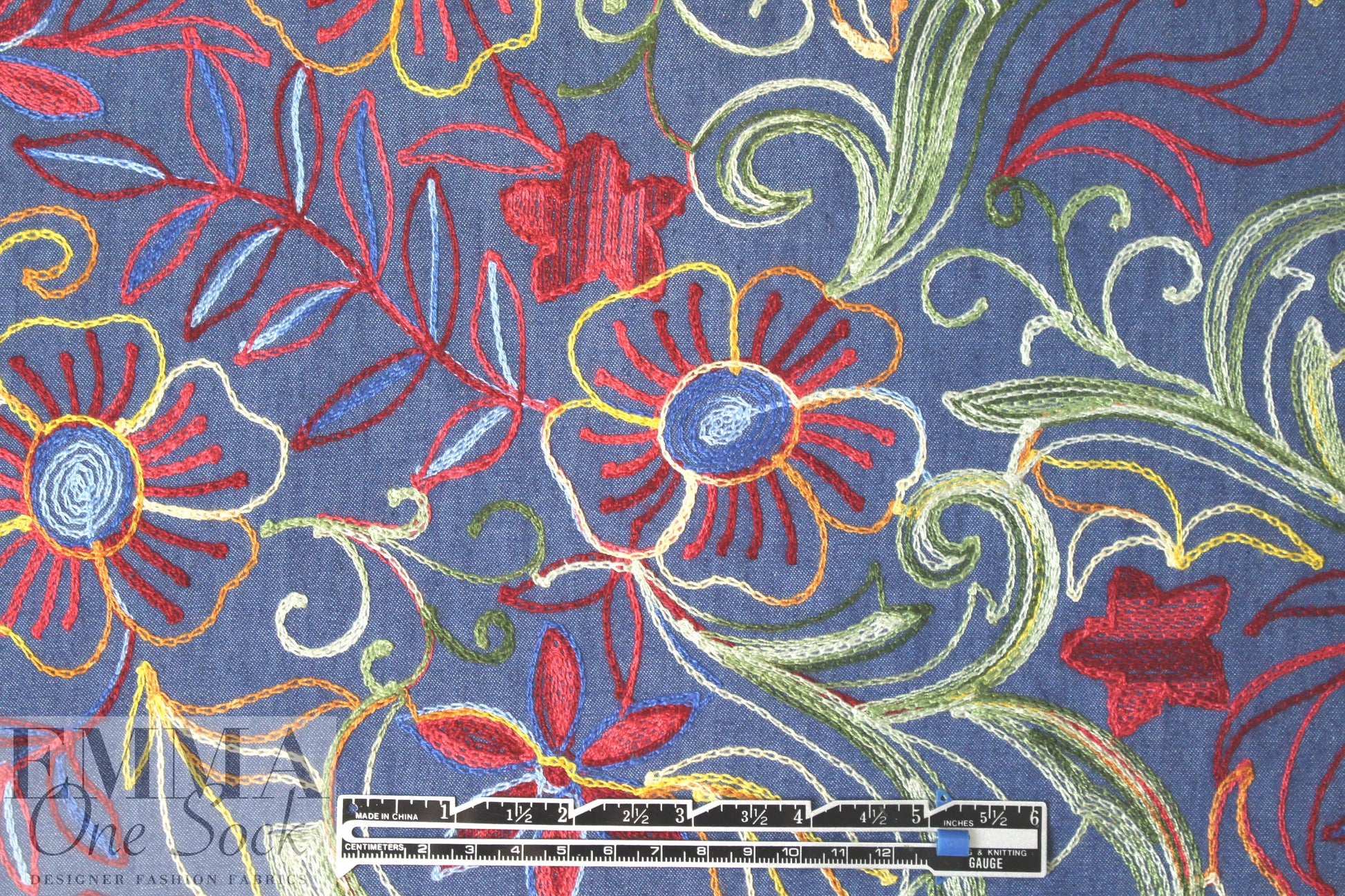 flowery embroidered lightweight blue denim