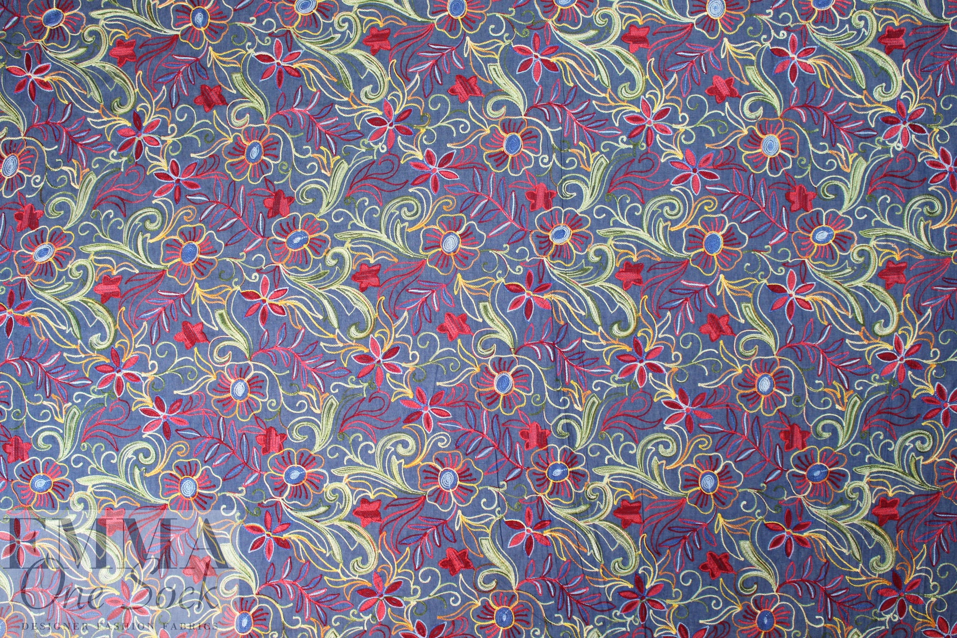 flowery embroidered lightweight blue denim