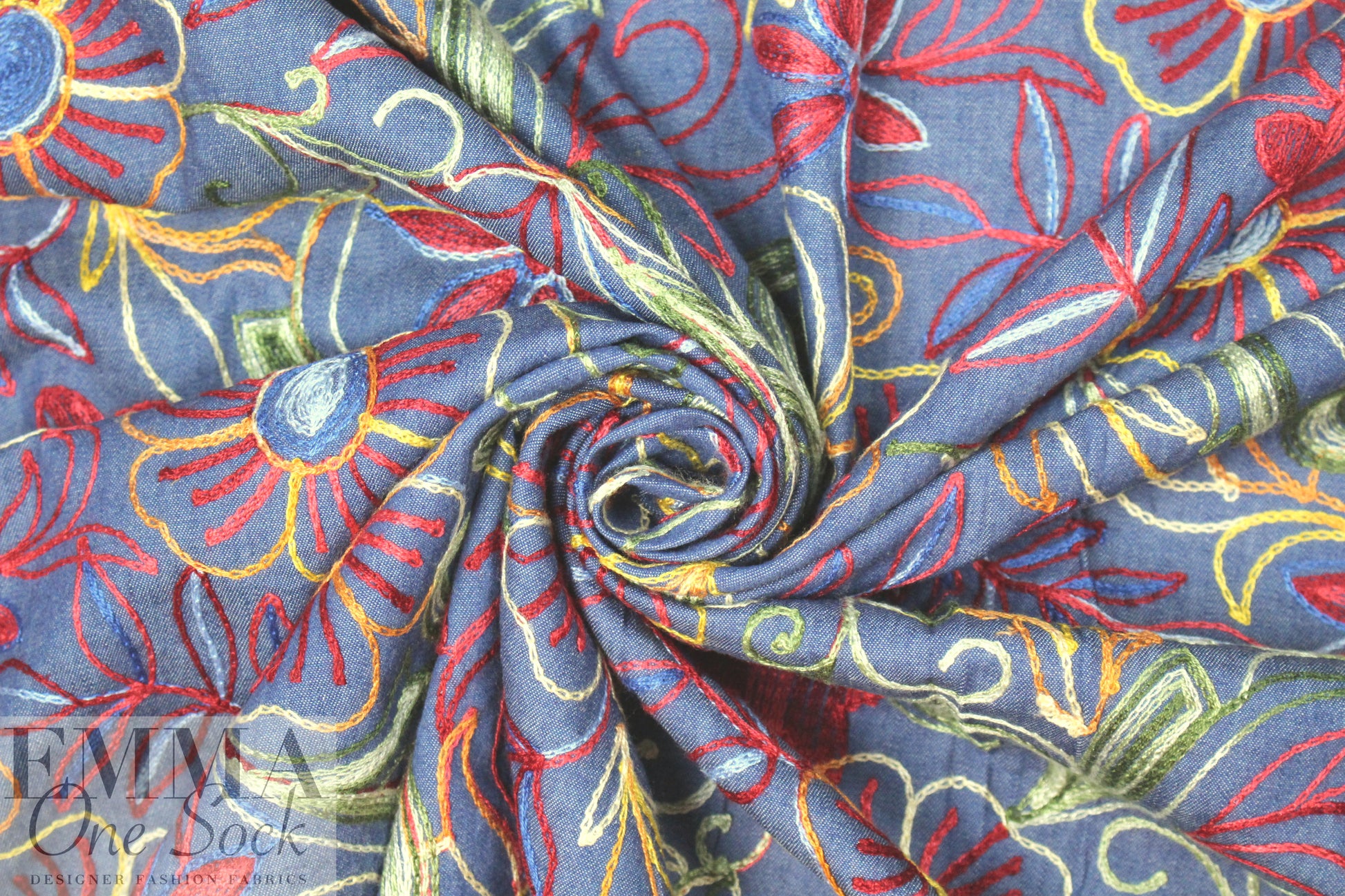 flowery embroidered lightweight blue denim