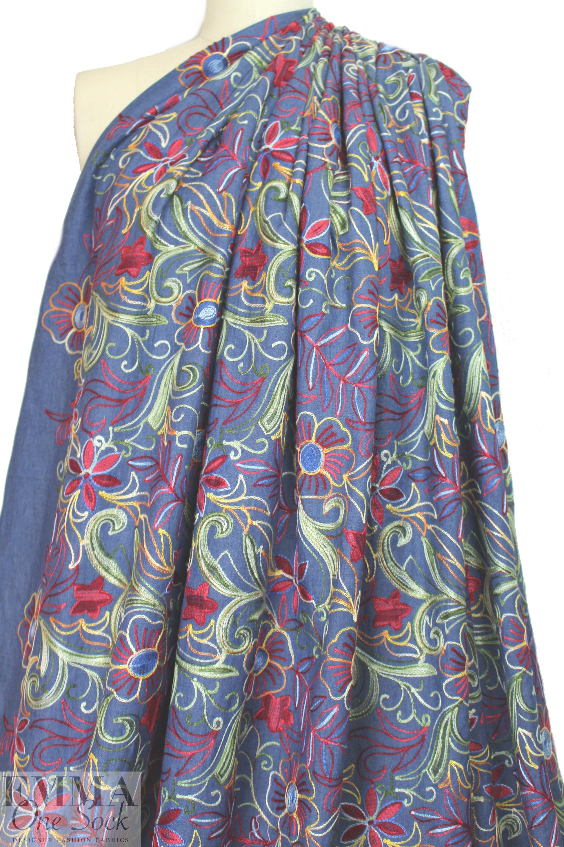 flowery embroidered lightweight blue denim