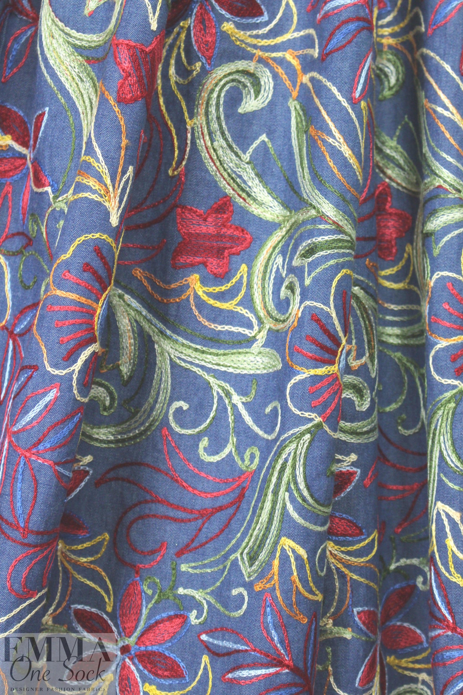 flowery embroidered lightweight blue denim