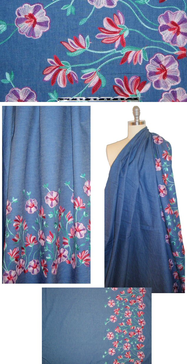 flowery border embroidered lightweight blue denim .75 yds