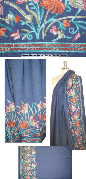 flower garden embroidered lightweight blue denim 1.375 yds