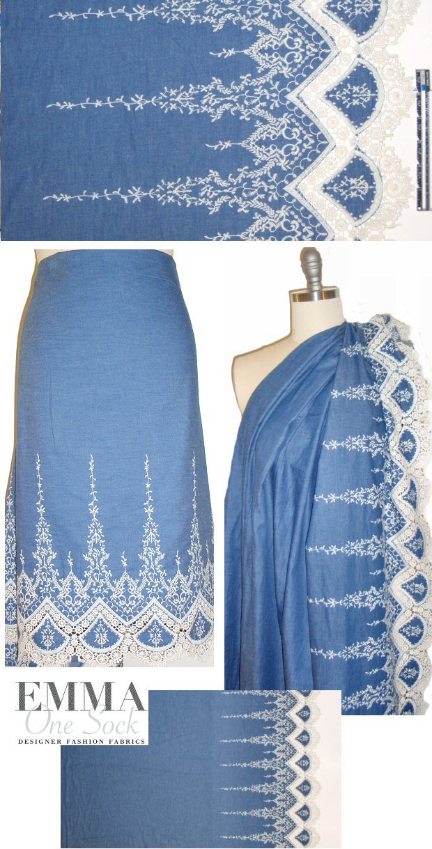 lacey border embroidered lightweight blue denim