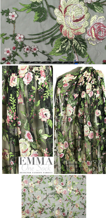 elegant floral embroidered sheer mesh - green/mauve 2.75 yds
