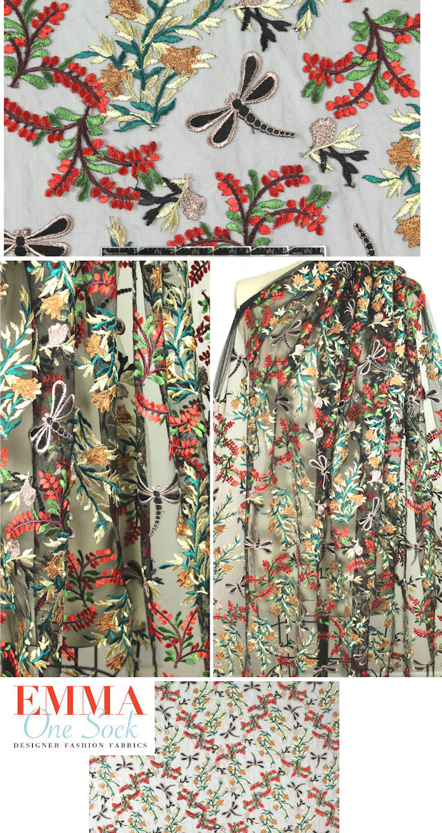 dragonfly floral embroidered sheer mesh .66 yds