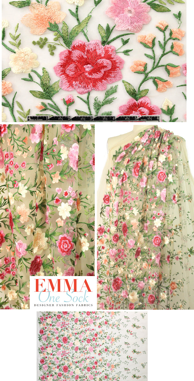garden floral embroidered sheer mesh - pink/butter 1.875 yd