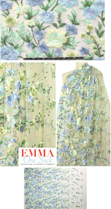 garden floral embroidered sheer mesh - blue/butter 1.5 yds