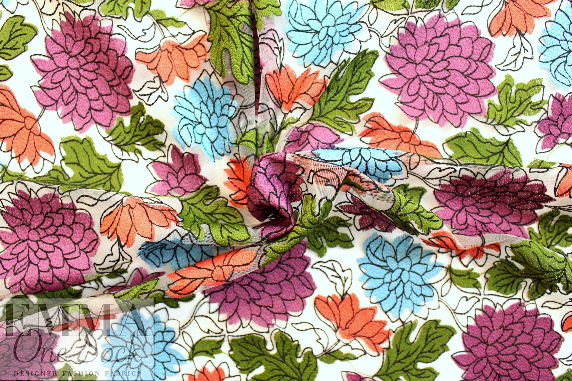 NY designer double-embroidered mesh - fresh flowers