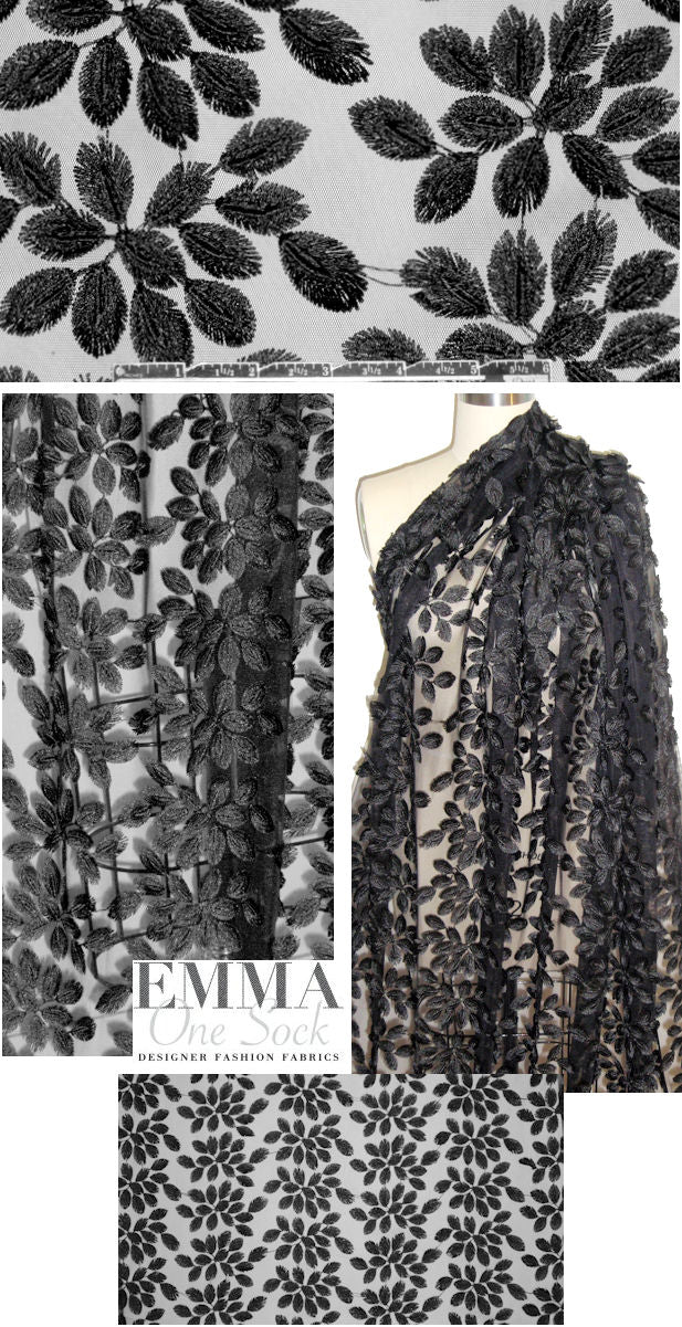 M@rchesa black 3-D leaf applique' mesh lace