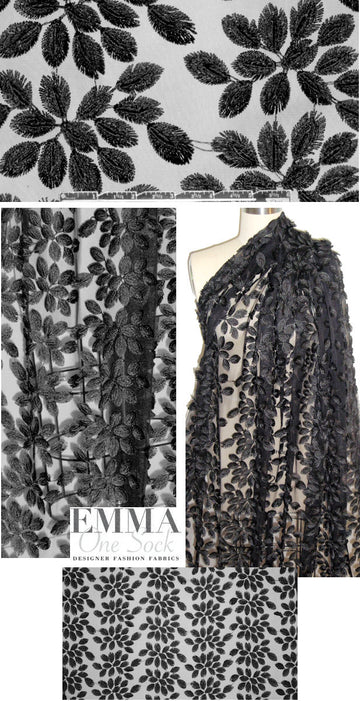 M@rchesa black 3-D leaf applique' mesh lace