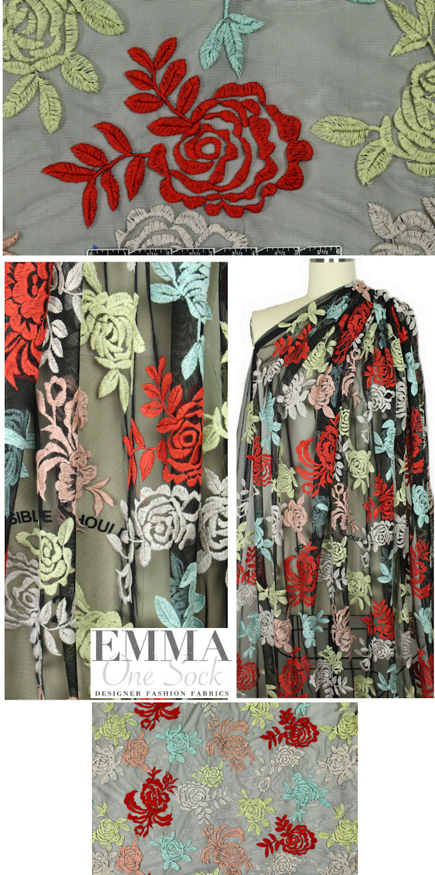 NY designer rose emb. stretch mesh - red/sage/aqua