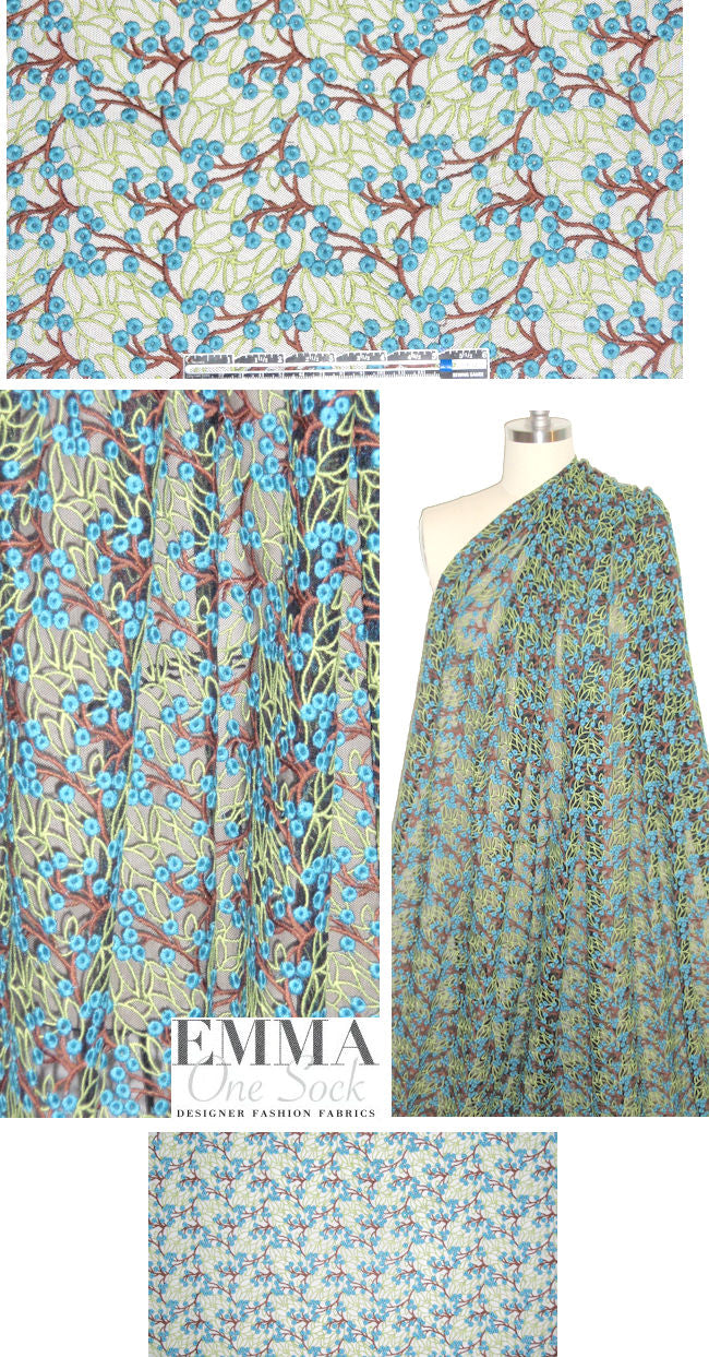 Anna Sui teal/lime/choc berry emb. mesh lace