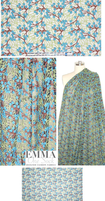 Anna Sui teal/lime/choc berry emb. mesh lace .875 yds