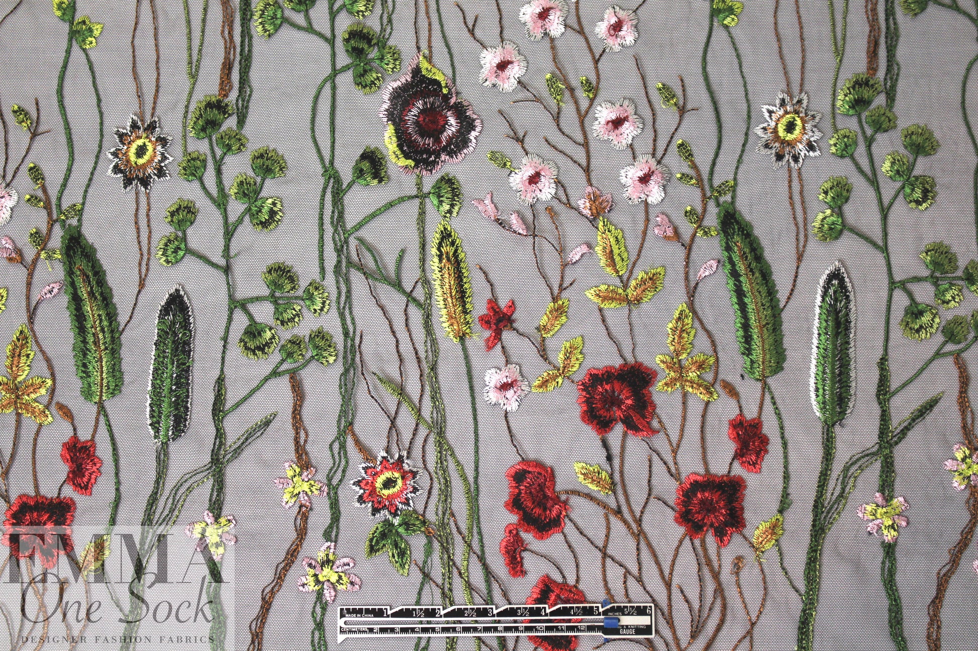 summery floral embroidered sheer mesh - black 2 yds