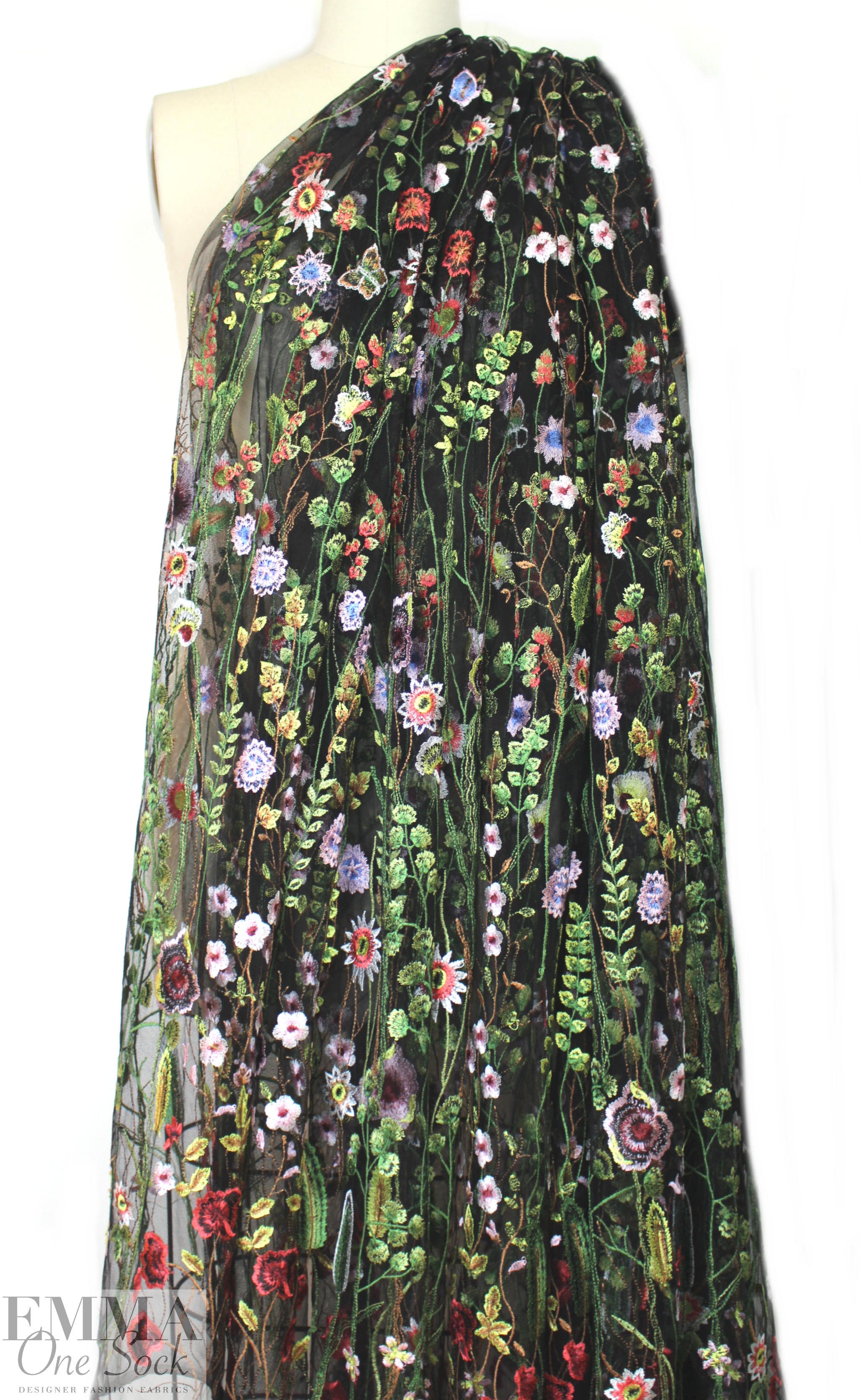 summery floral embroidered sheer mesh - black 1.125 yds