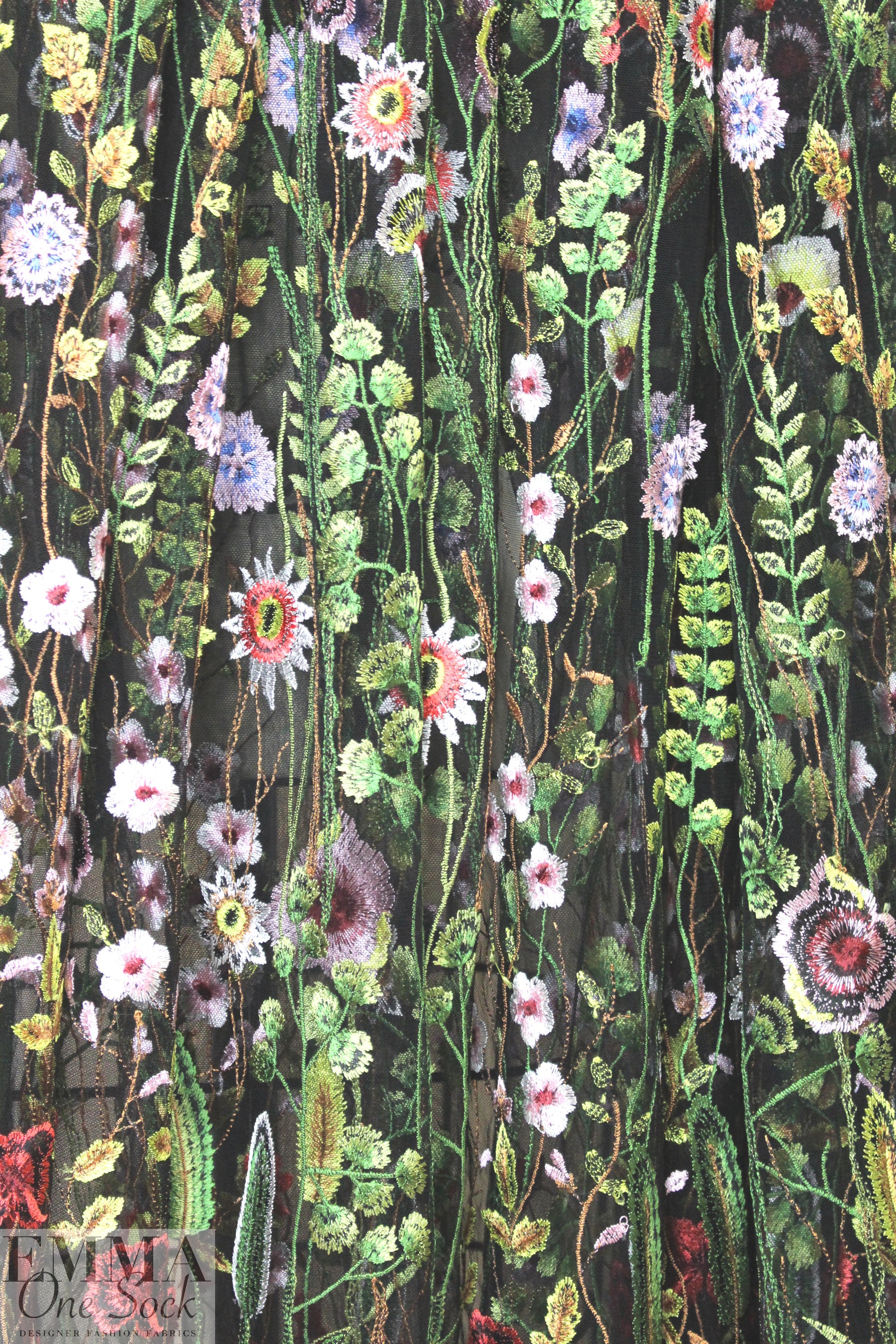 summery floral embroidered sheer mesh - black 1 yard