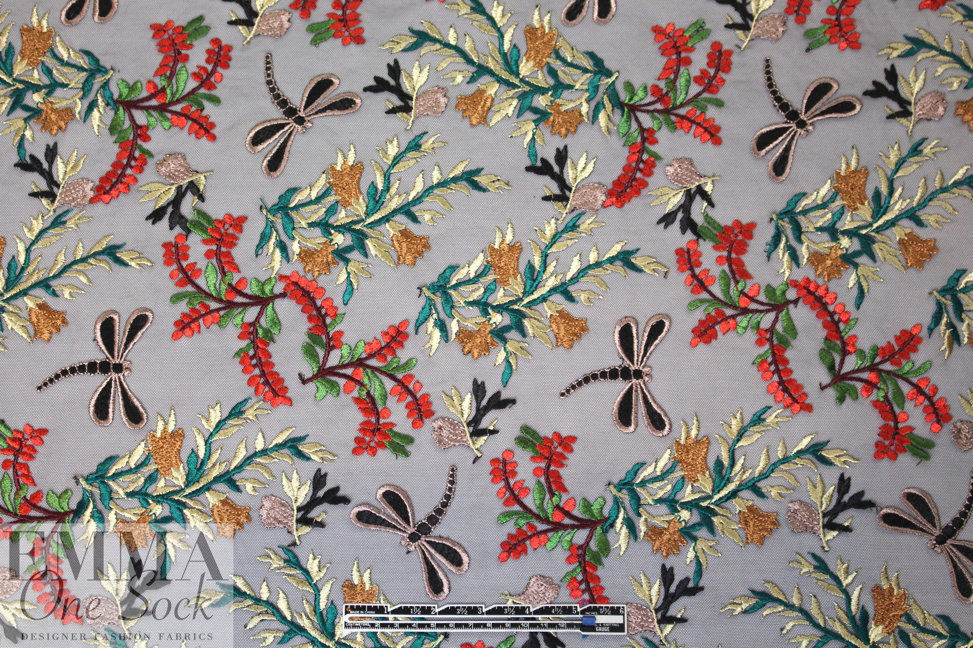 dragonfly floral embroidered sheer mesh