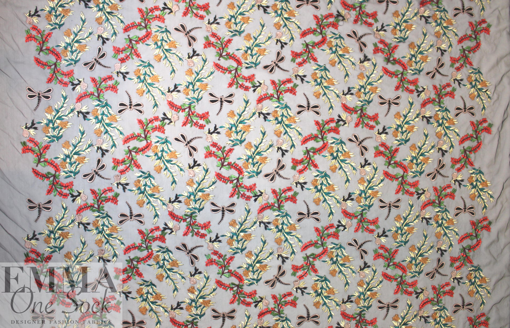 dragonfly floral embroidered sheer mesh 1.25 yd