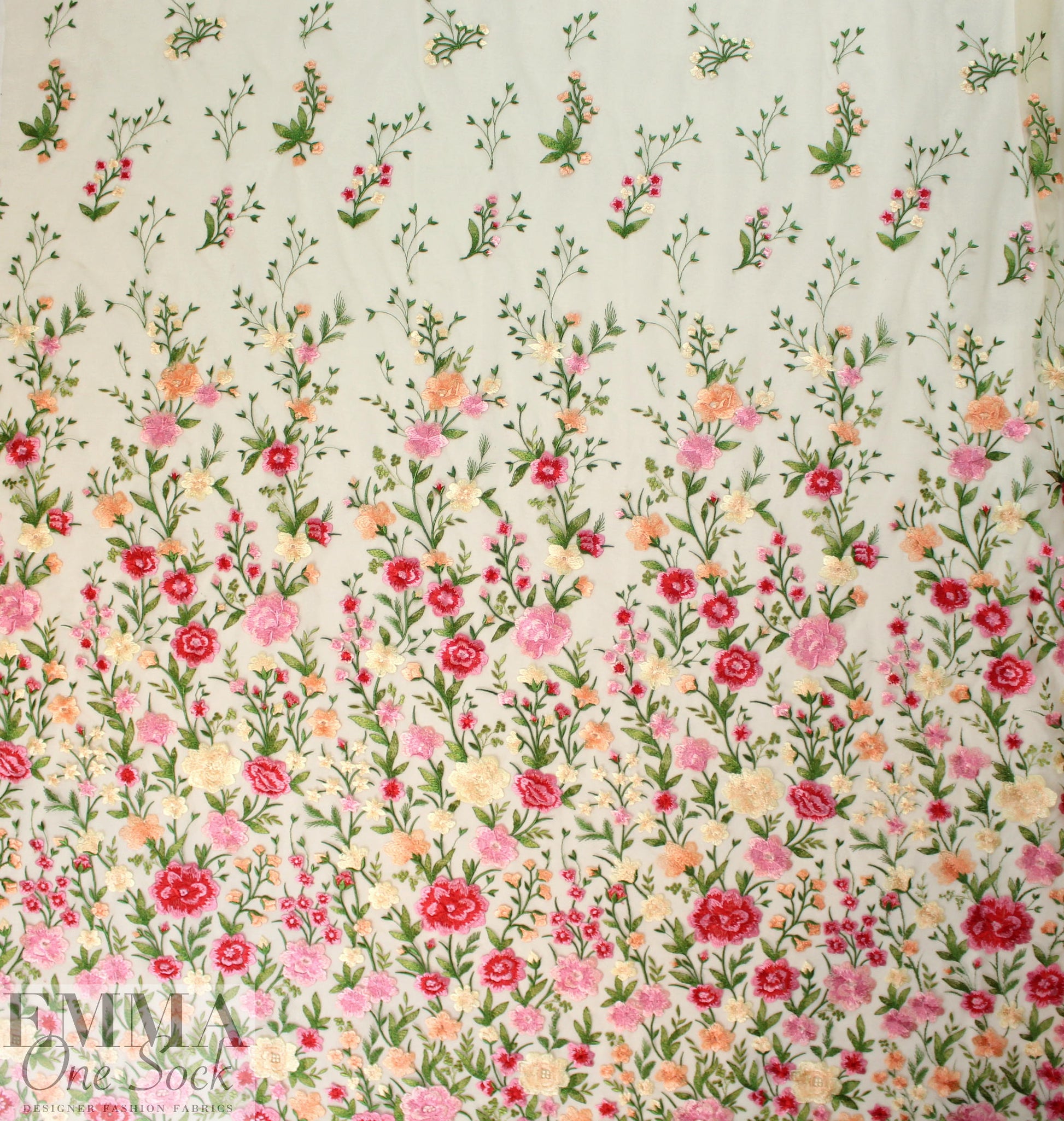garden floral embroidered sheer mesh - pink/butter 1 yard