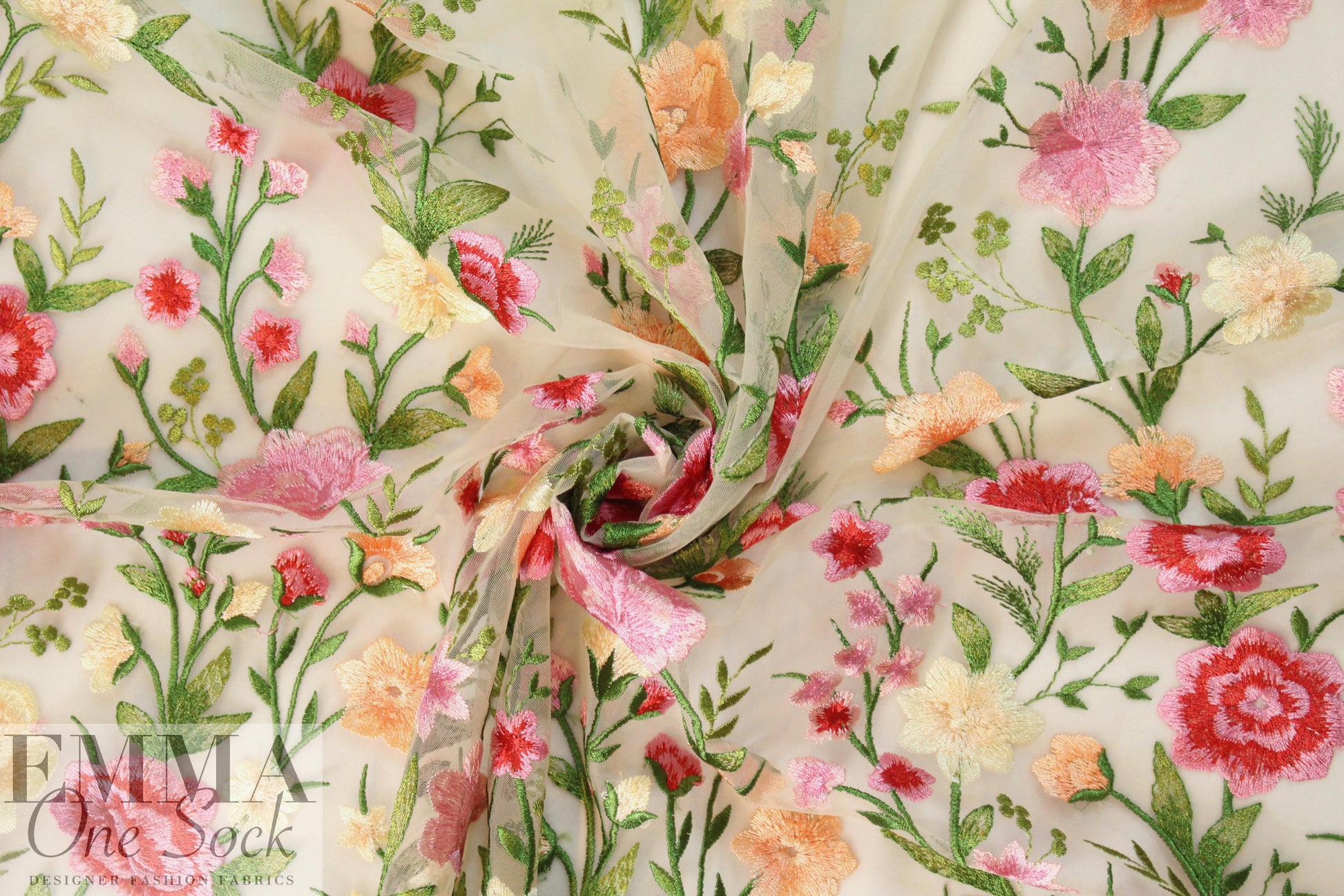 garden floral embroidered sheer mesh - pink/butter .875 yds