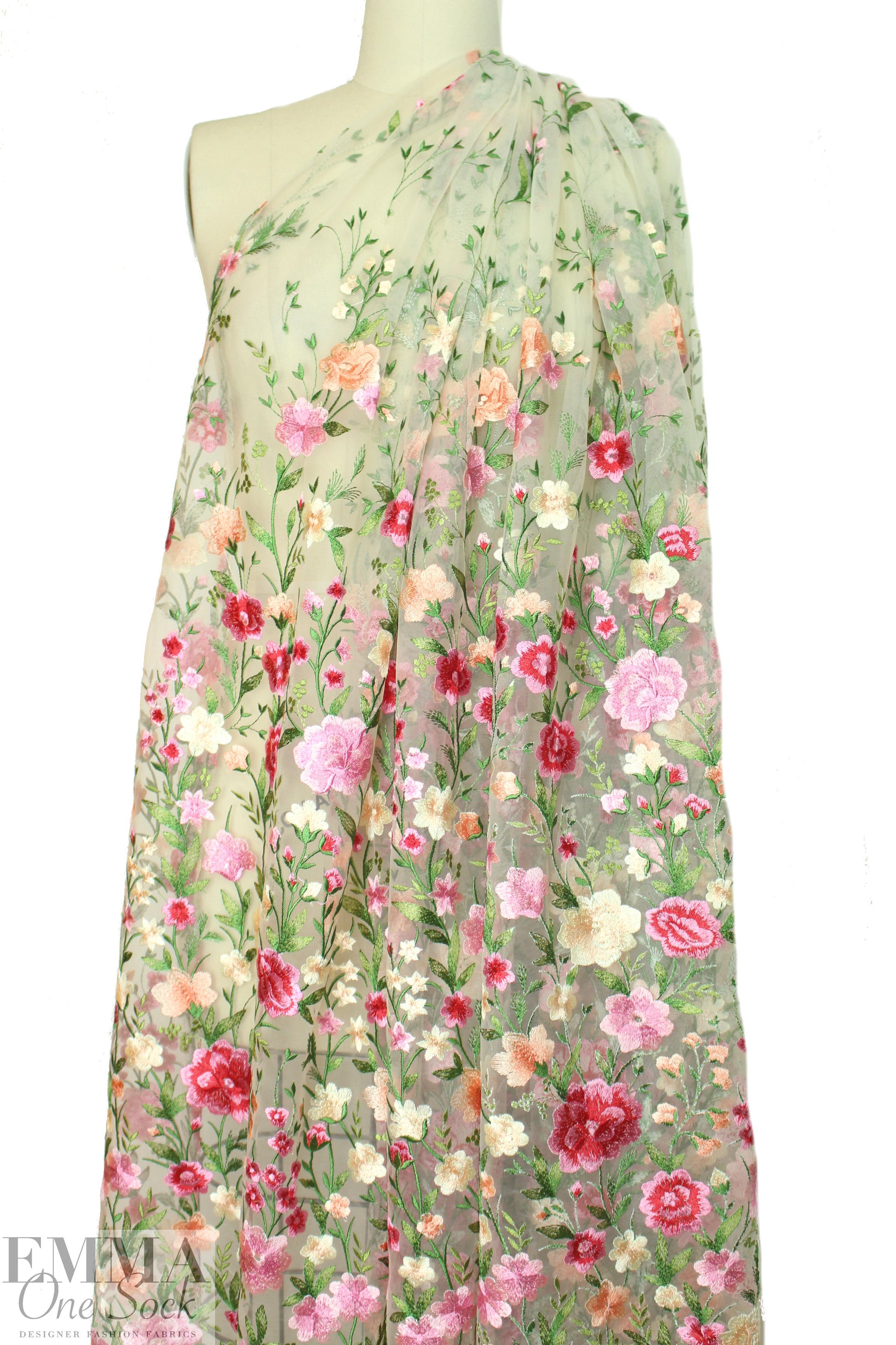 garden floral embroidered sheer mesh - pink/butter 1.875 yd
