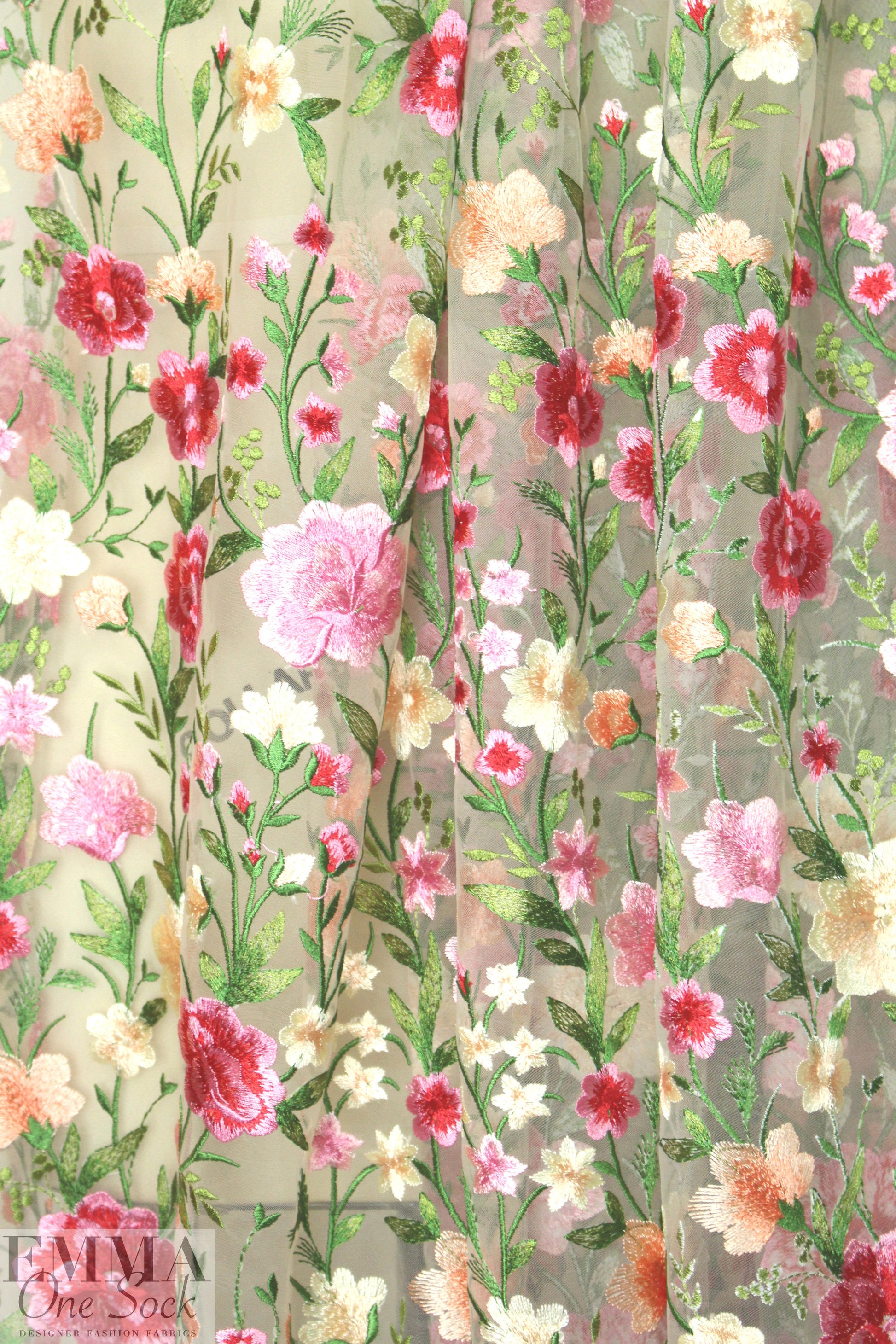 garden floral embroidered sheer mesh - pink/butter 1 yard