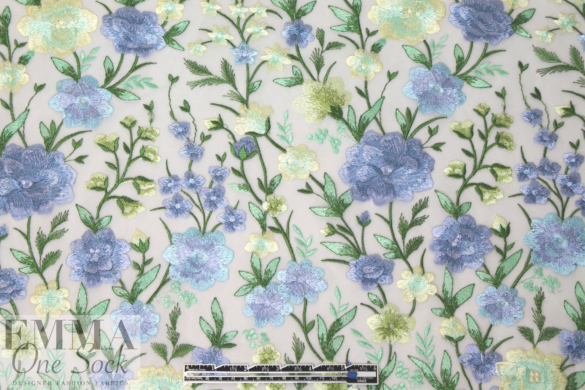 garden floral embroidered sheer mesh - blue/butter 2 yds
