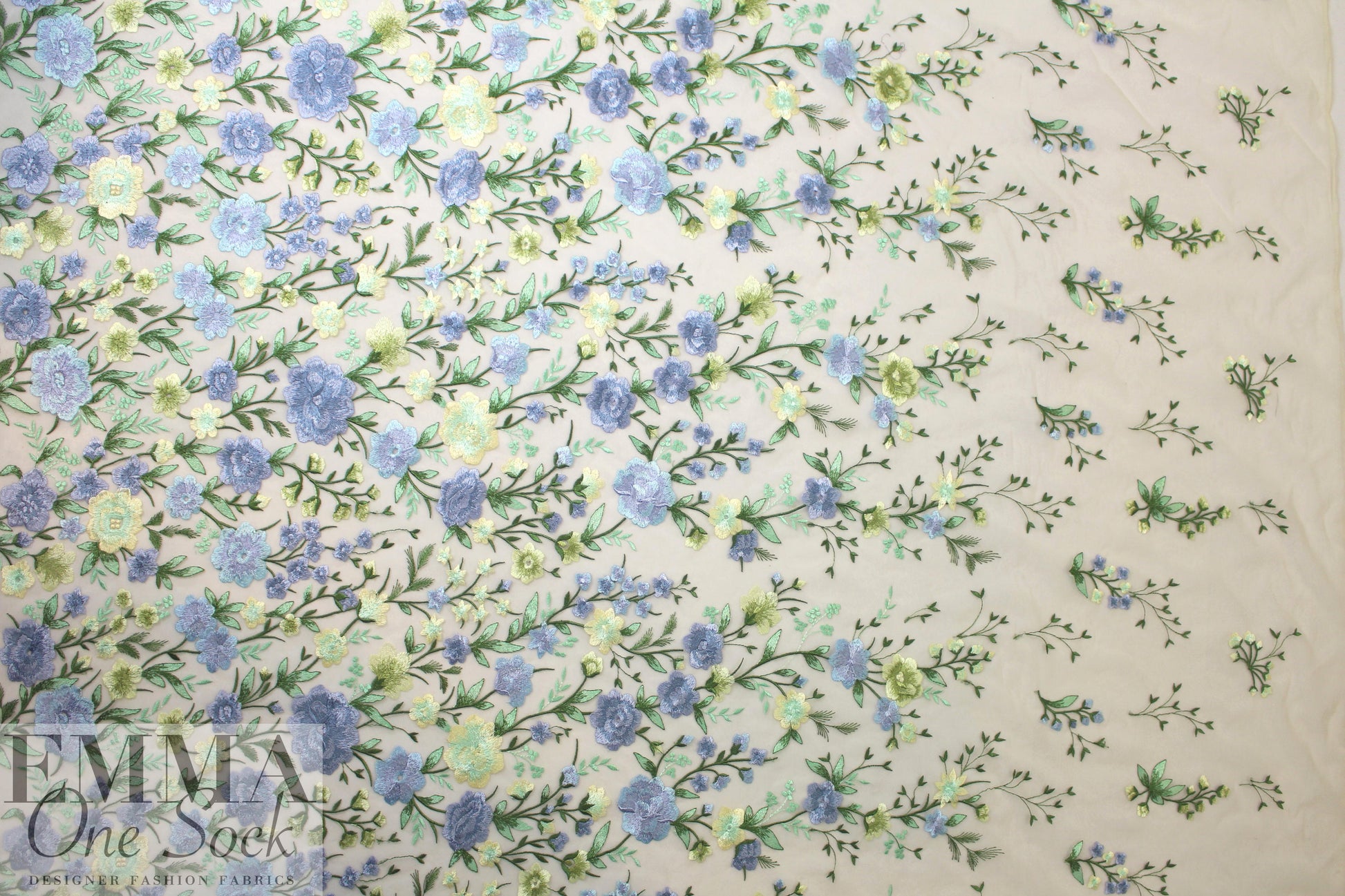 garden floral embroidered sheer mesh - blue/butter 1.375 yds