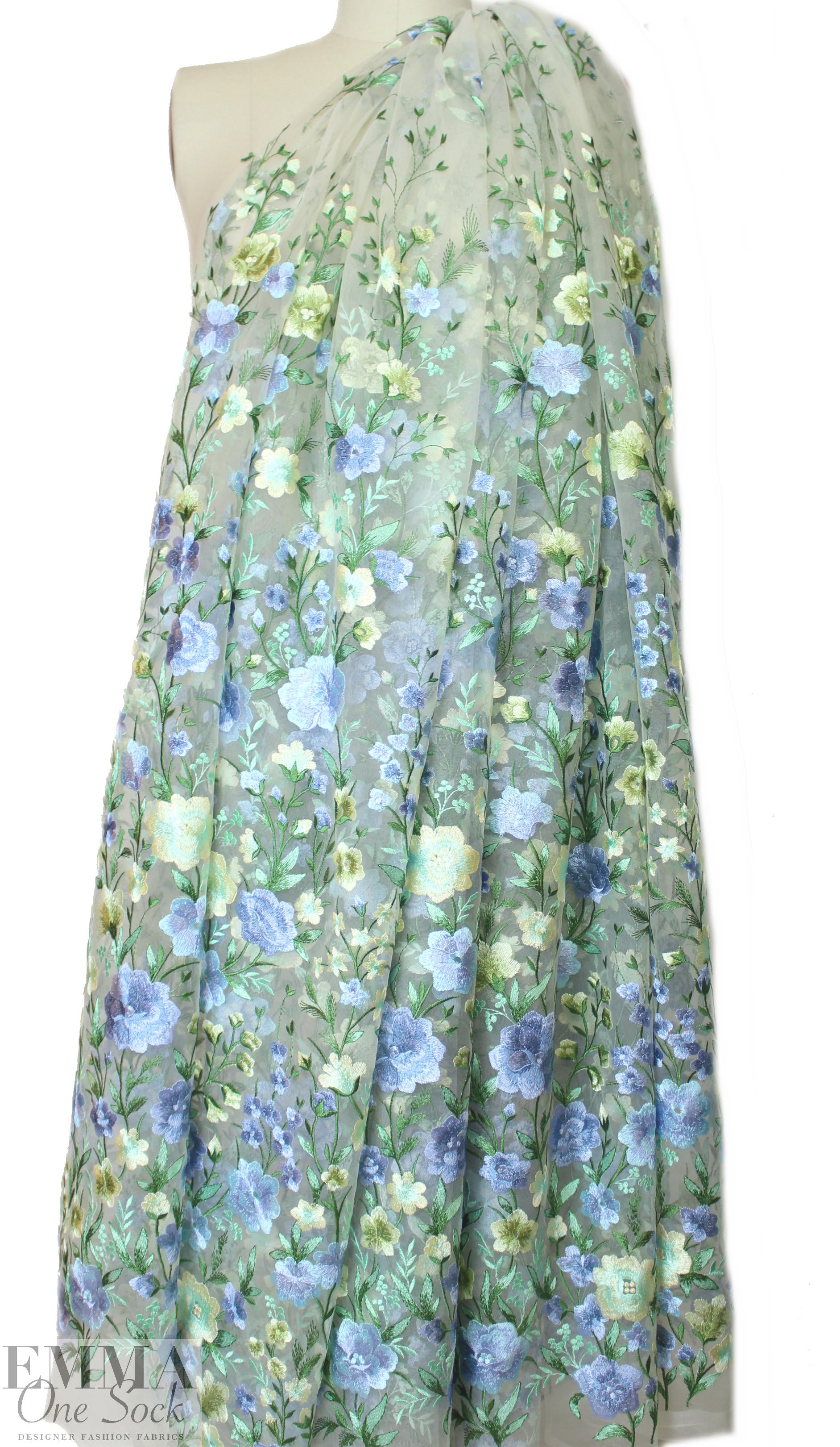 garden floral embroidered sheer mesh - blue/butter 1.5 yds