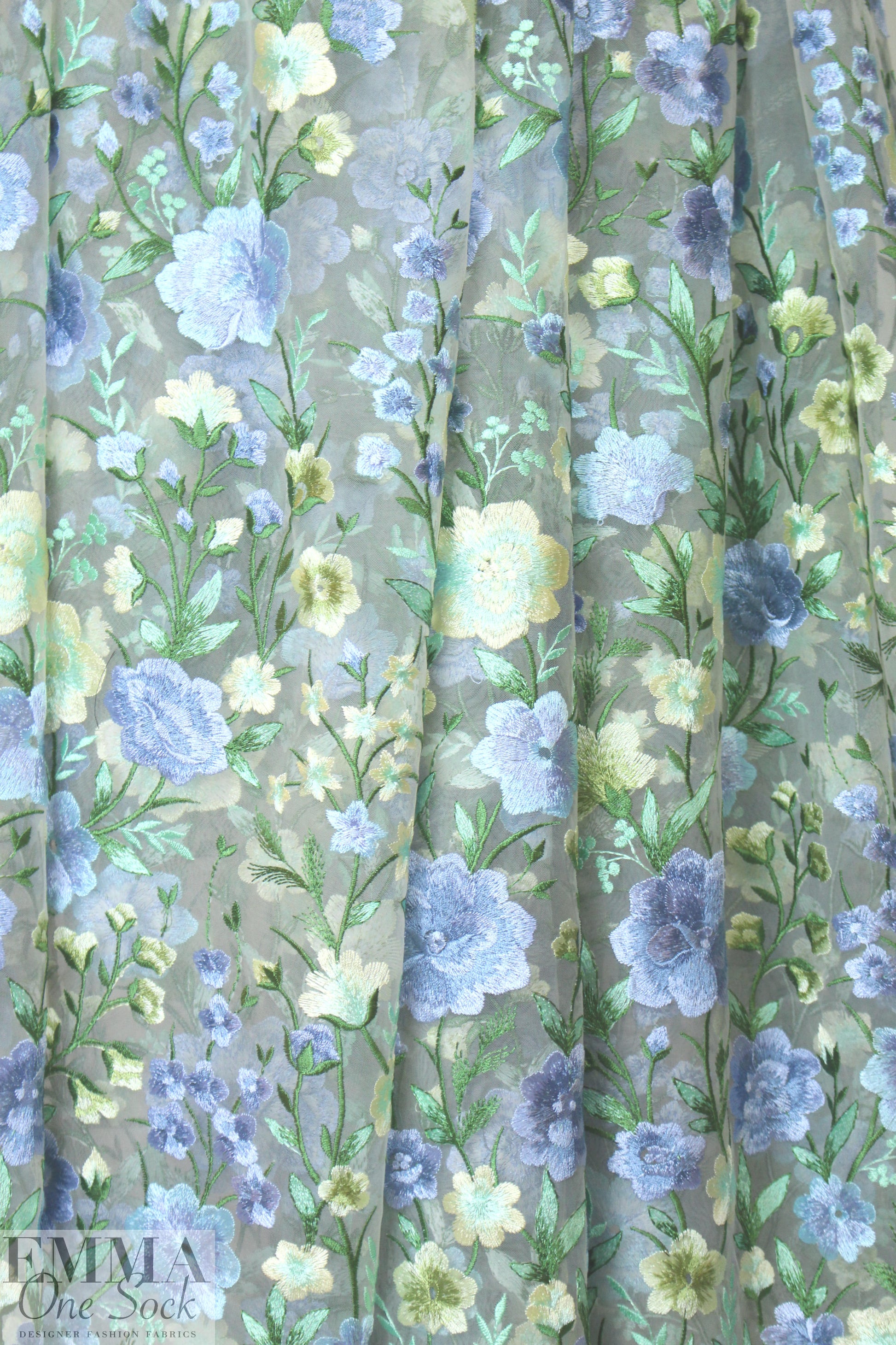 garden floral embroidered sheer mesh - blue/butter 2 yds