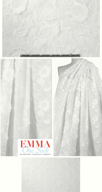 Tah@ri soft white 3-D floral embroidered cotton .875 yds