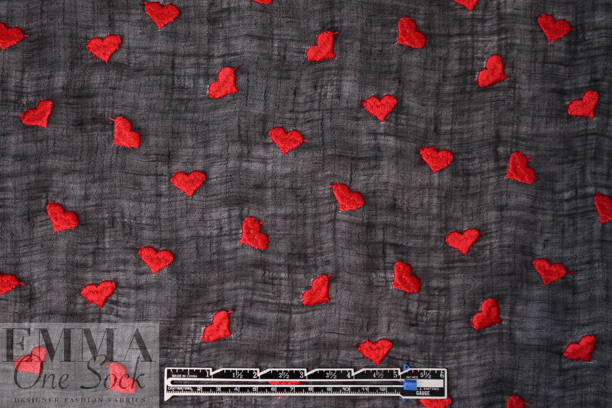 NY designer red hearts embroidered black cotton gauze