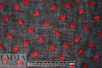 NY designer red hearts embroidered black cotton gauze