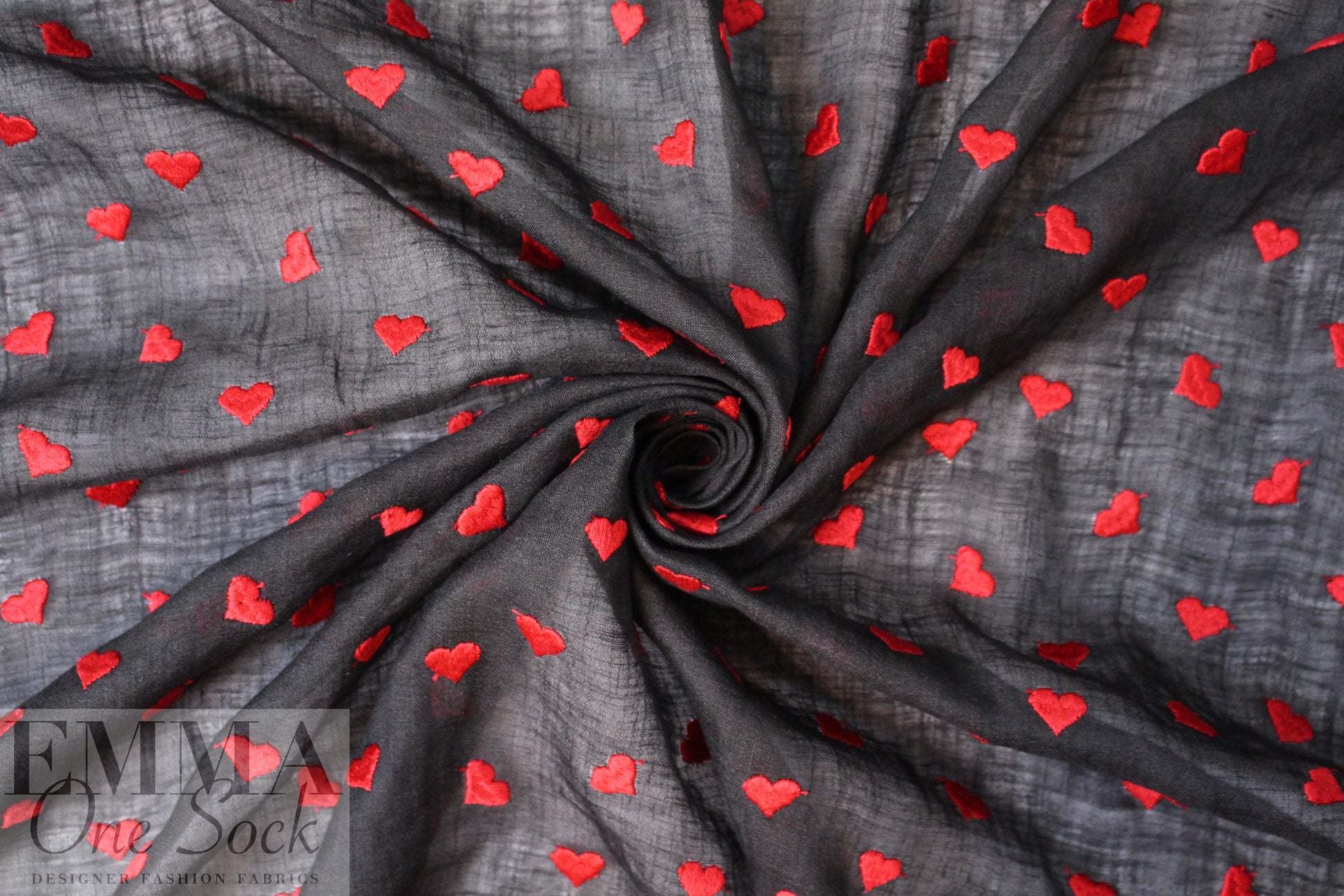 NY designer red hearts embroidered black cotton gauze