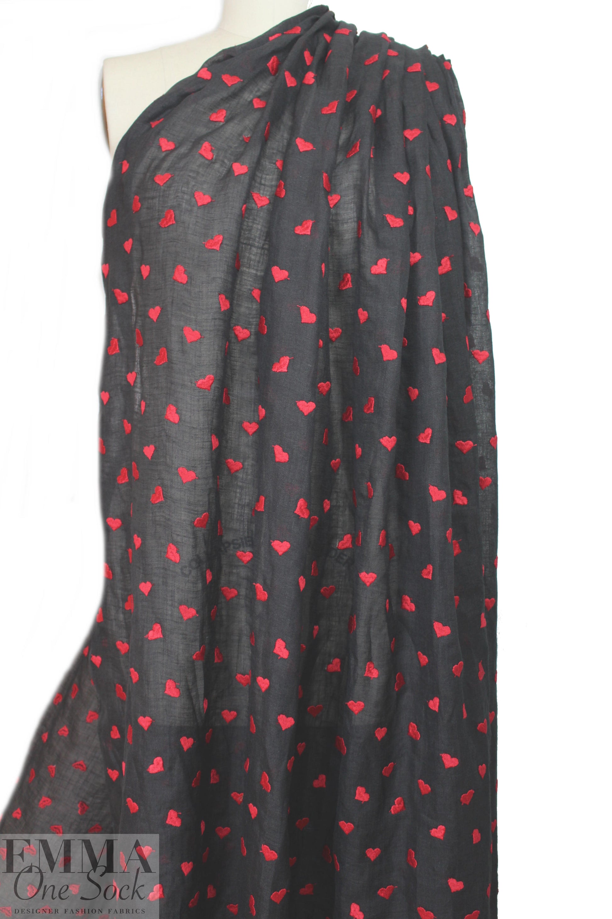 NY designer red hearts embroidered black cotton gauze