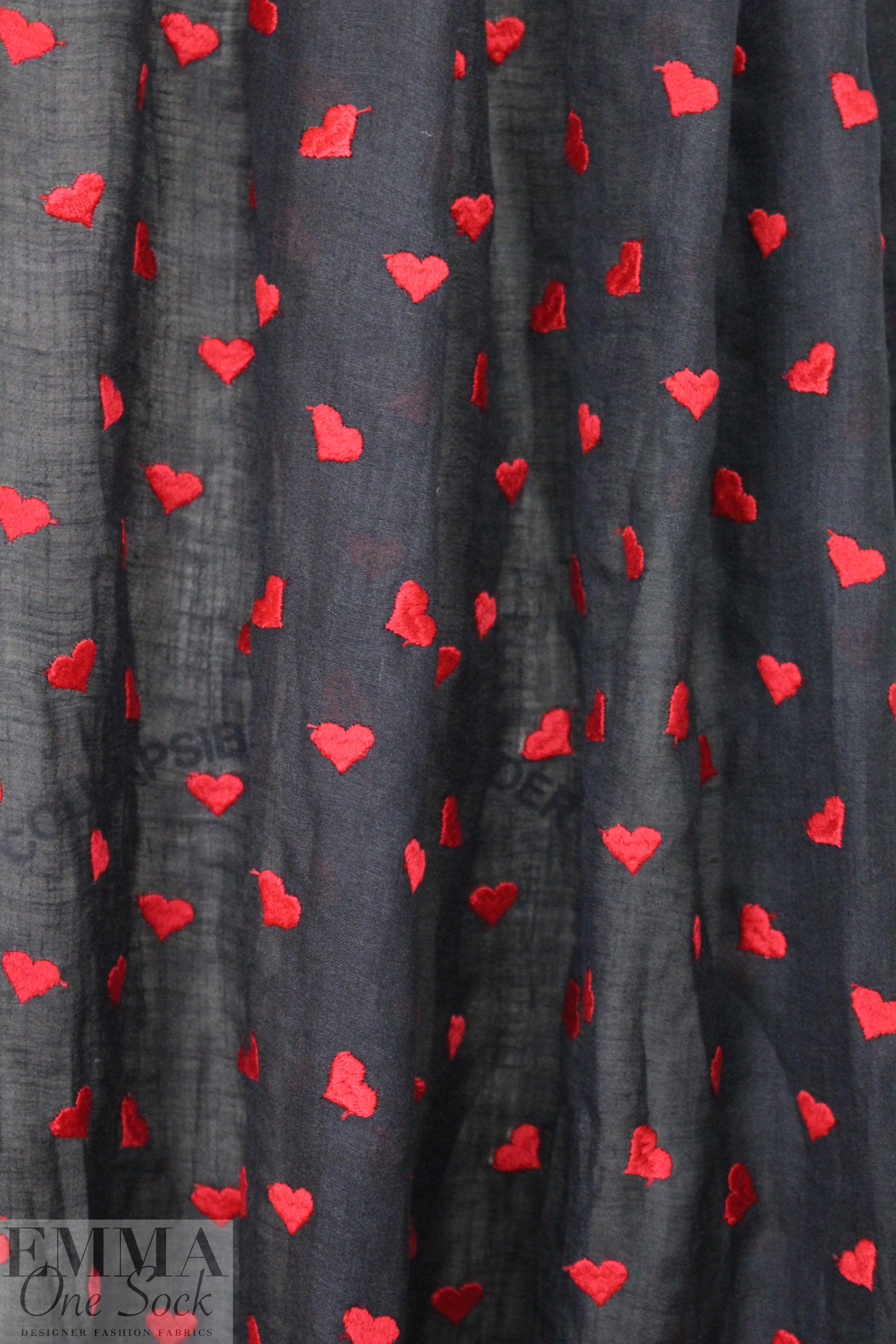 NY designer red hearts embroidered black cotton gauze