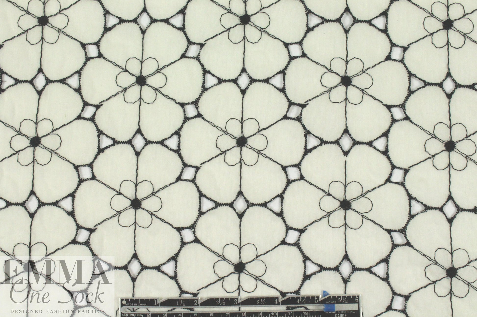 NY designer black/ivory embroidered cotton voile