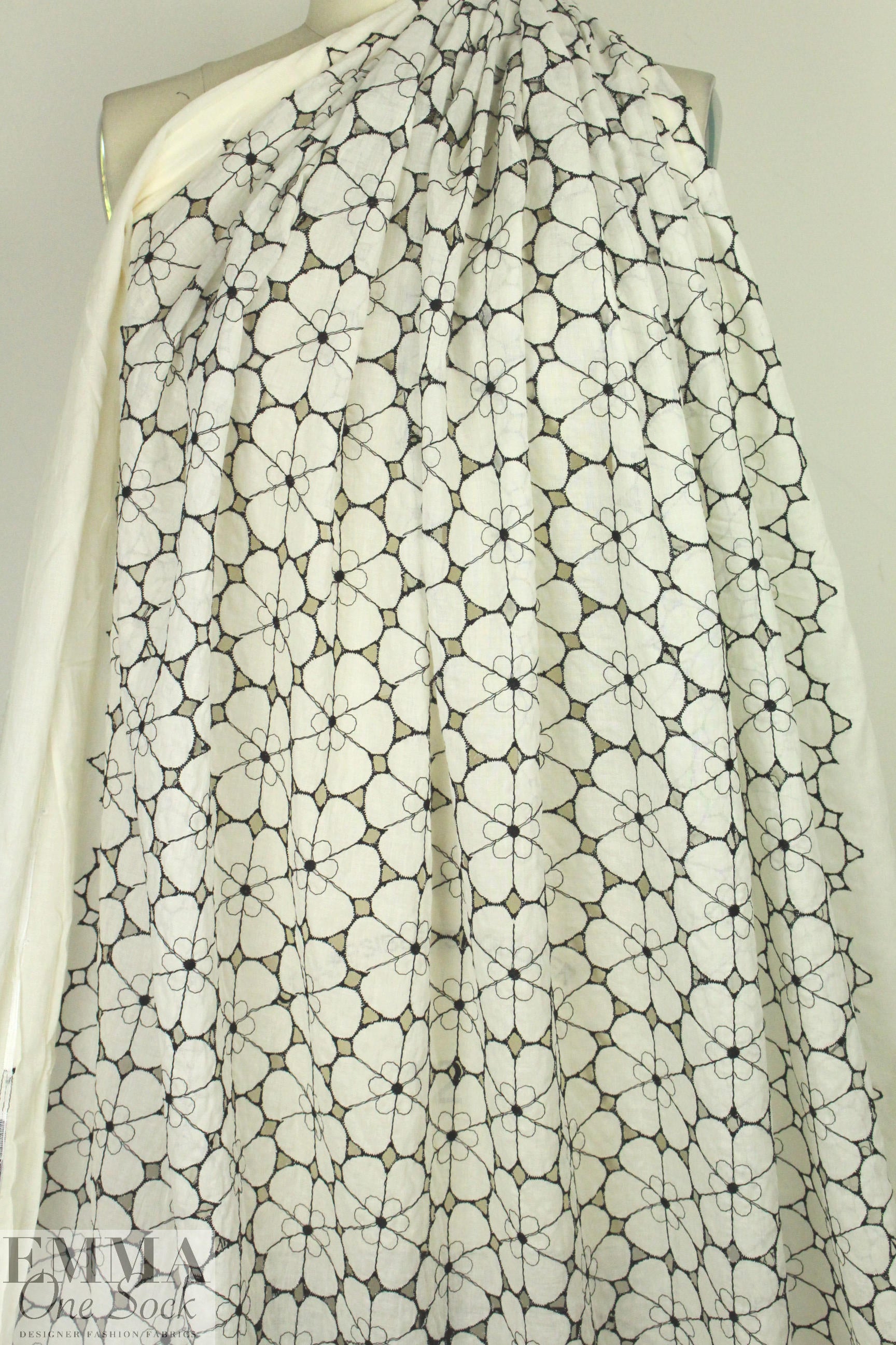 NY designer black/ivory embroidered cotton voile