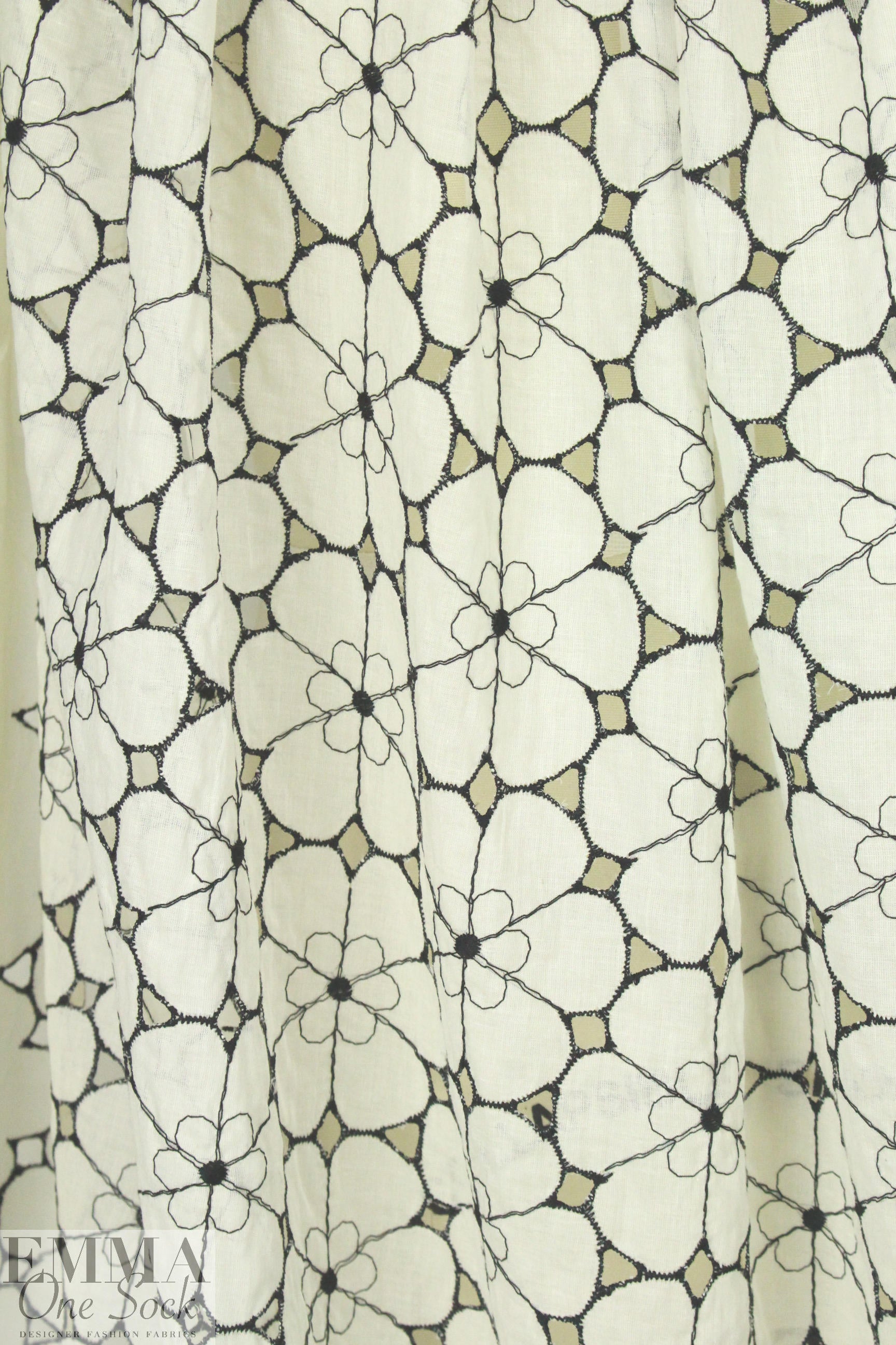 NY designer black/ivory embroidered cotton voile