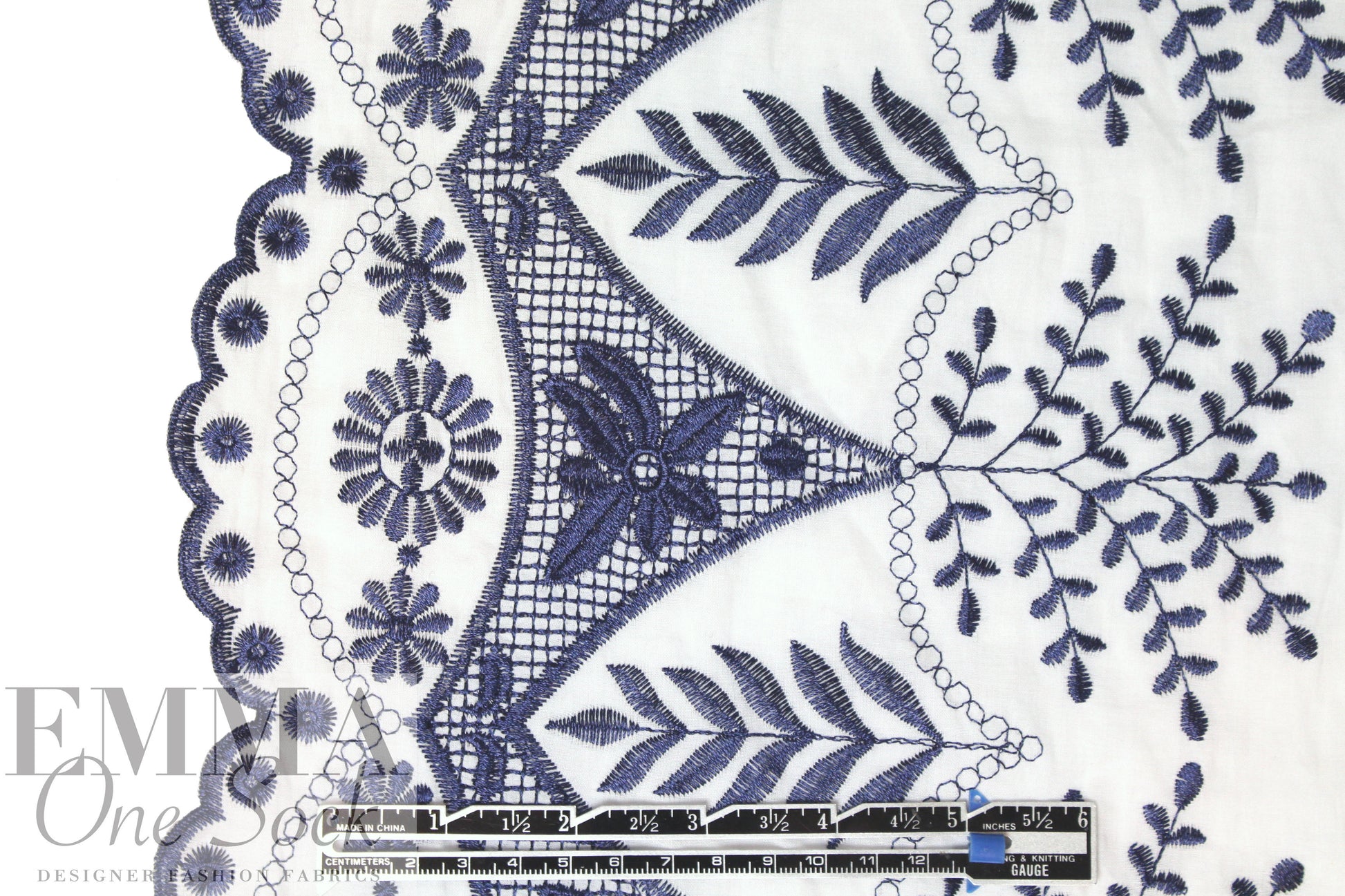 NY designer double border emb. cotton woven - navy