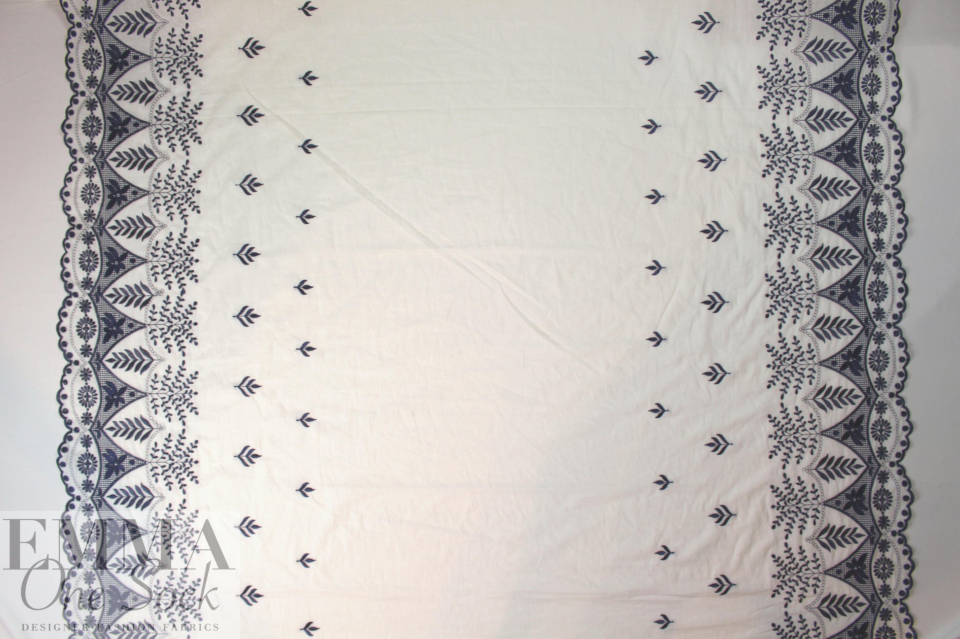 NY designer double border emb. cotton woven - navy
