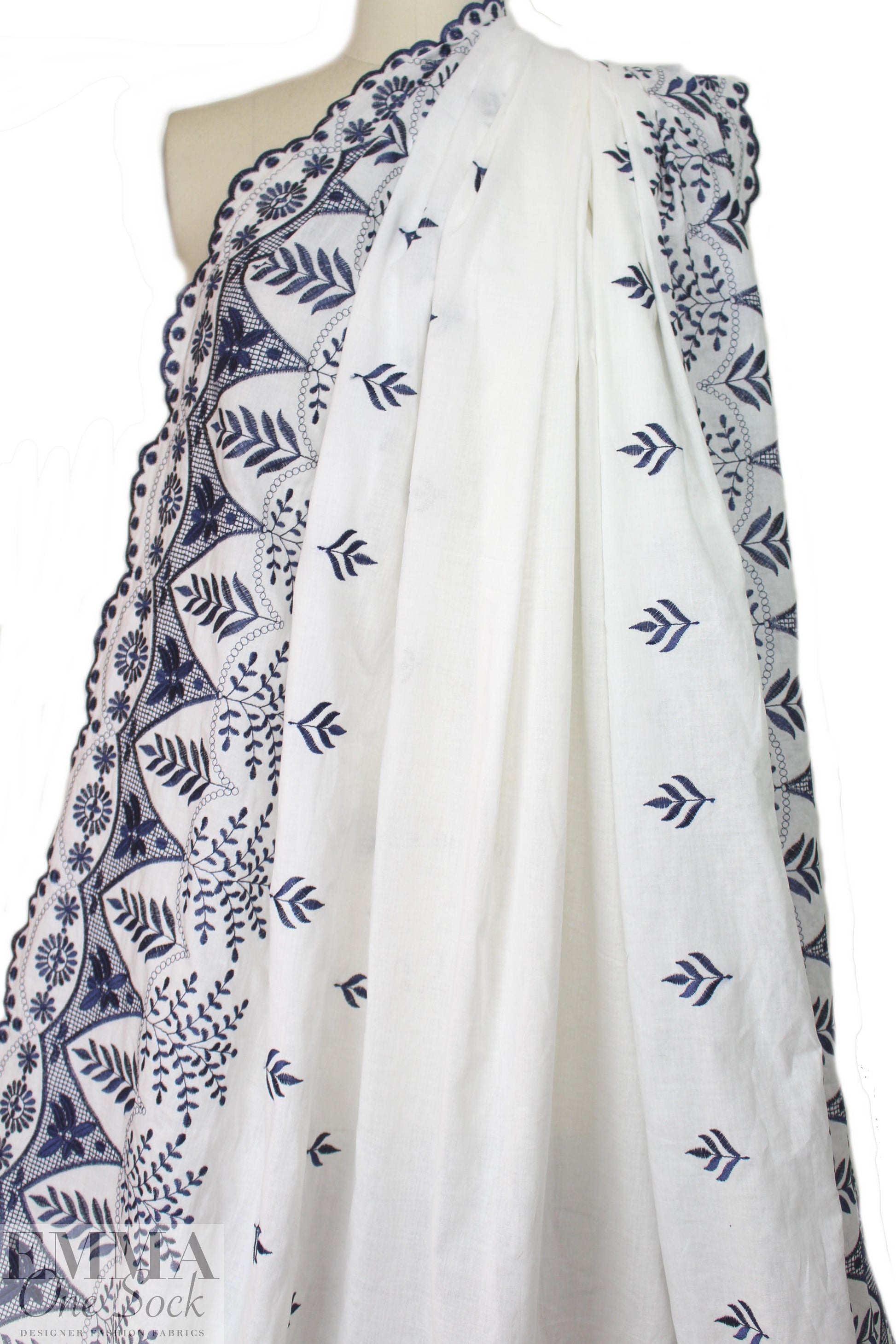 NY designer double border emb. cotton woven - navy