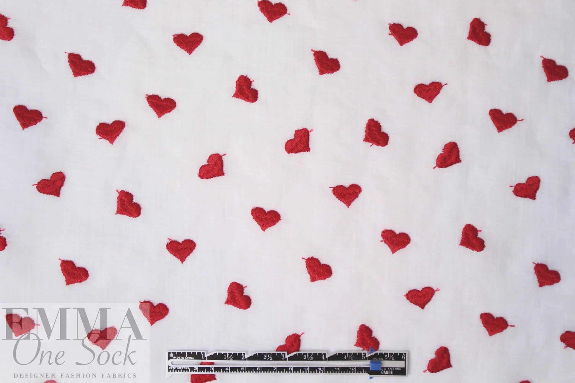 NY designer red hearts embroidered white cotton gauze