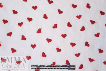 NY designer red hearts embroidered white cotton gauze