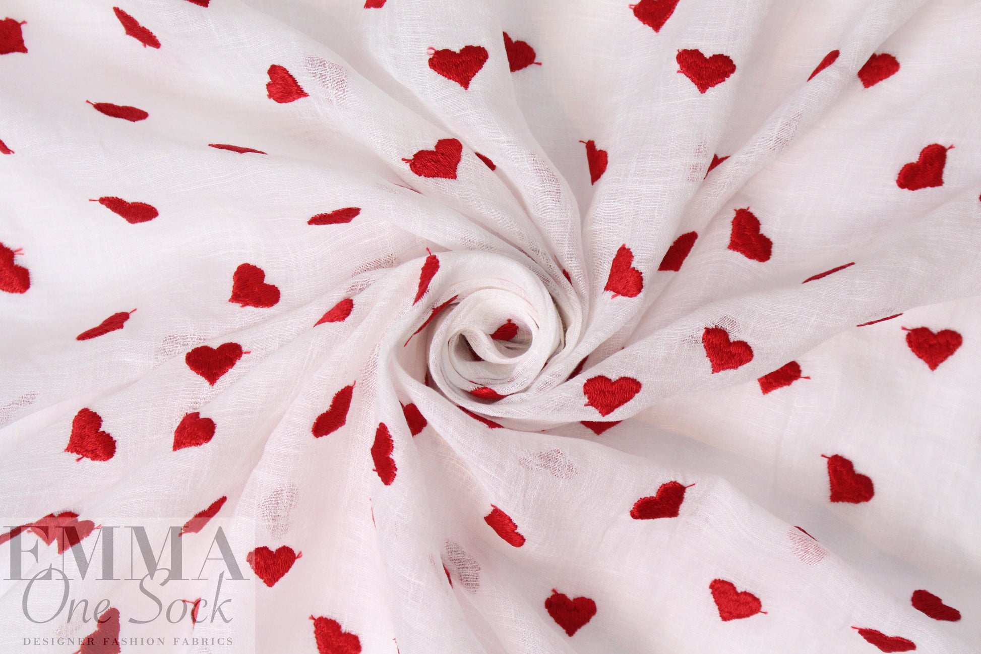 NY designer red hearts embroidered white cotton gauze 1.375 yd